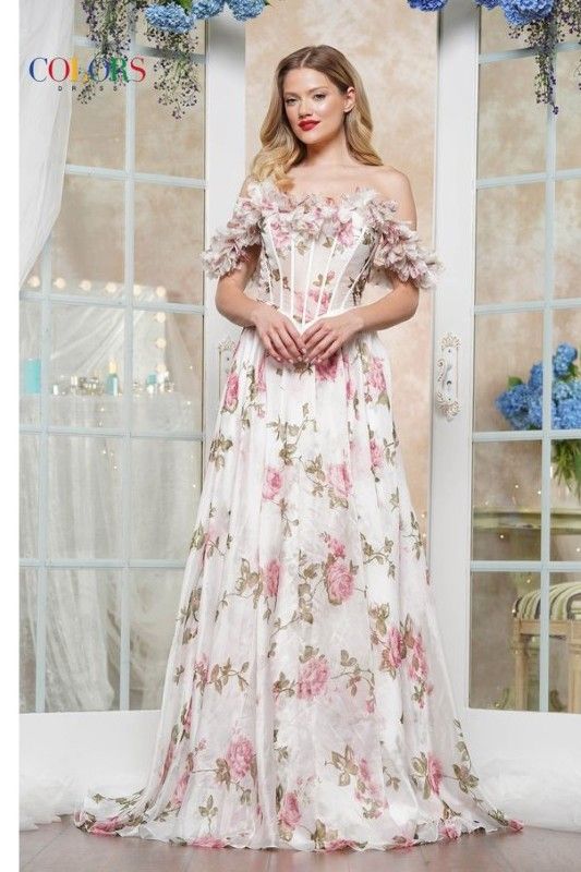 Colors Dress -3615 Off Shoulder Floral Printed A-Line Dress