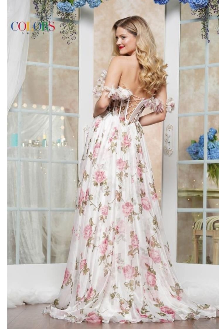 Colors Dress -3615 Off Shoulder Floral Printed A-Line Dress