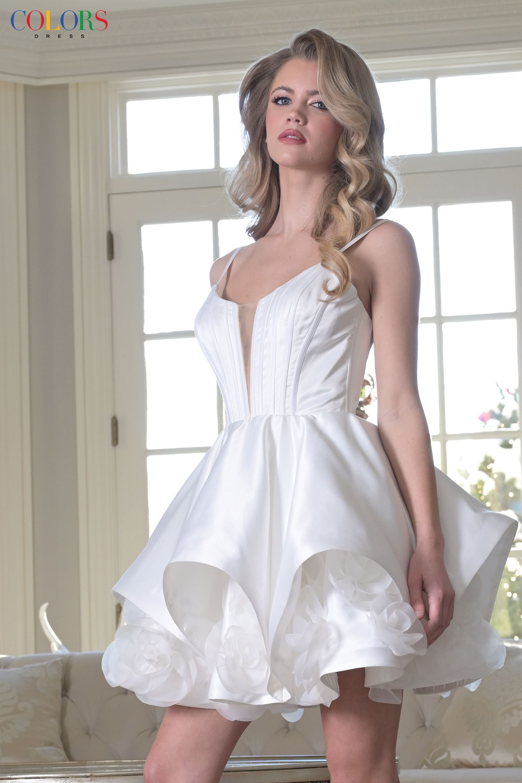 Colors Dress -3641 Square Neck Satin Cocktail Dress