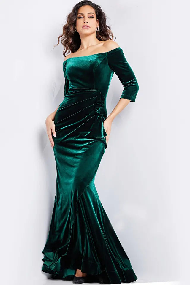 Jovani -36458 Velvet Quarter Sleeve Evening Gown