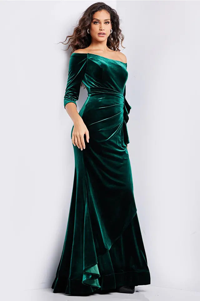 Jovani -36458 Velvet Quarter Sleeve Evening Gown