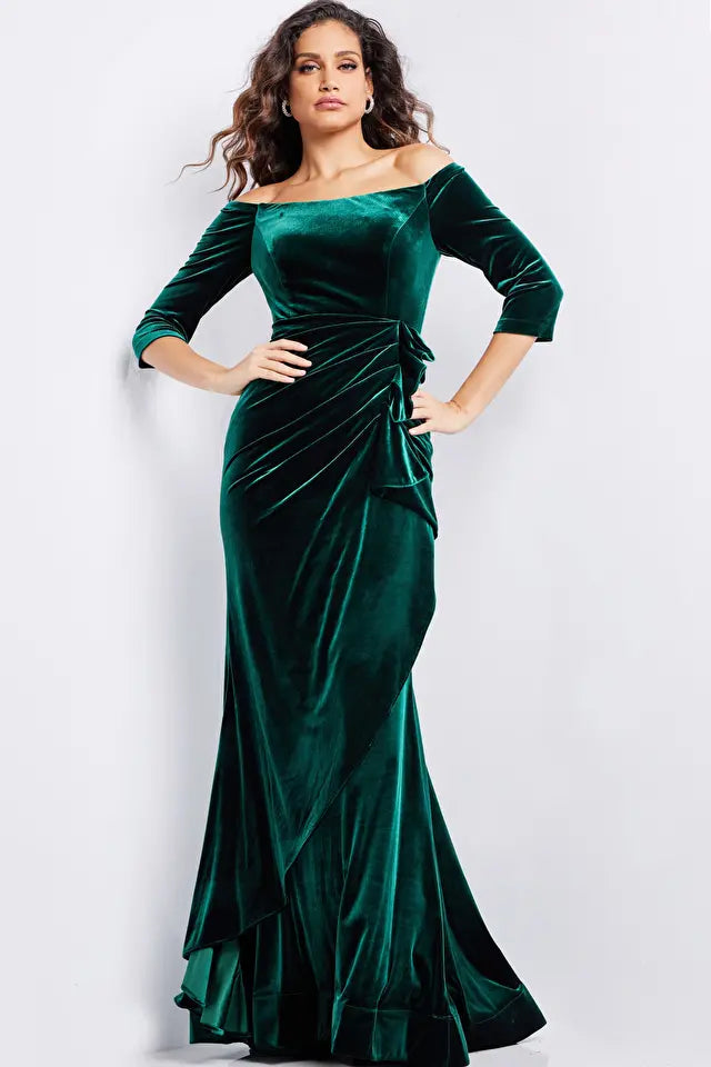 Jovani -36458 Velvet Quarter Sleeve Evening Gown