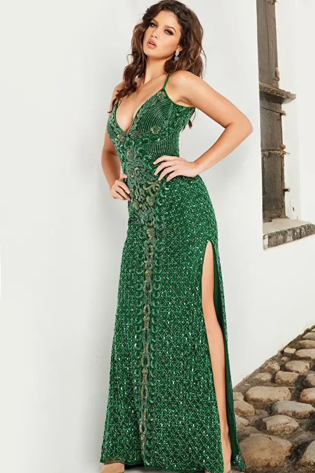Jovani -36643 Beaded Mesh Plunging Neck Gown