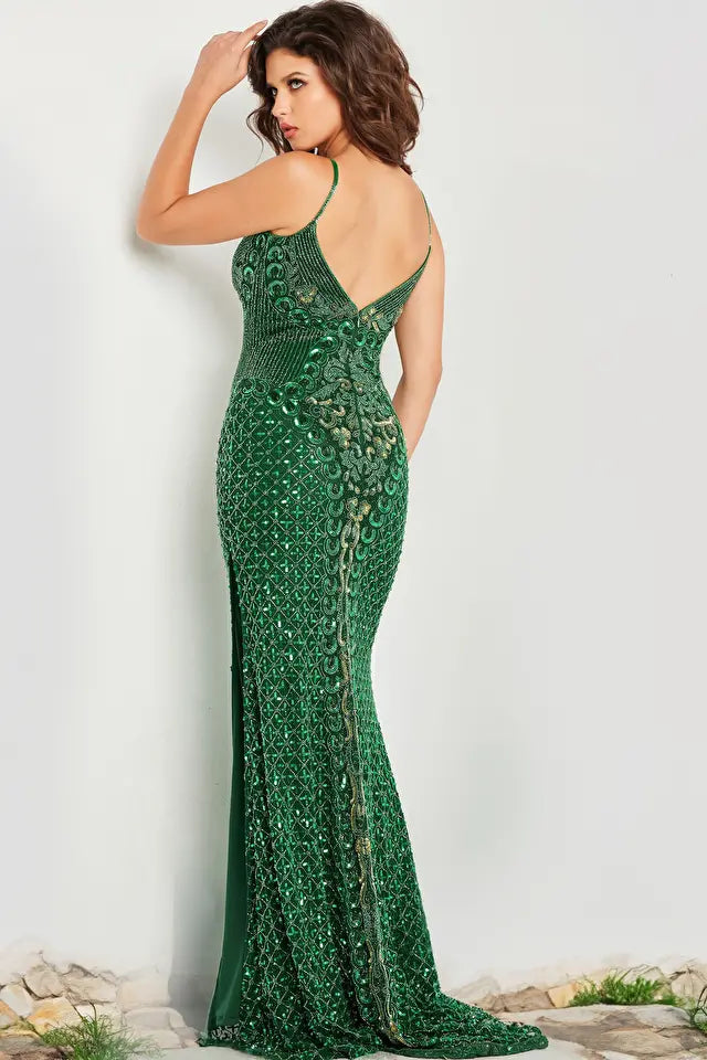 Jovani -36643 Beaded Mesh Plunging Neck Gown