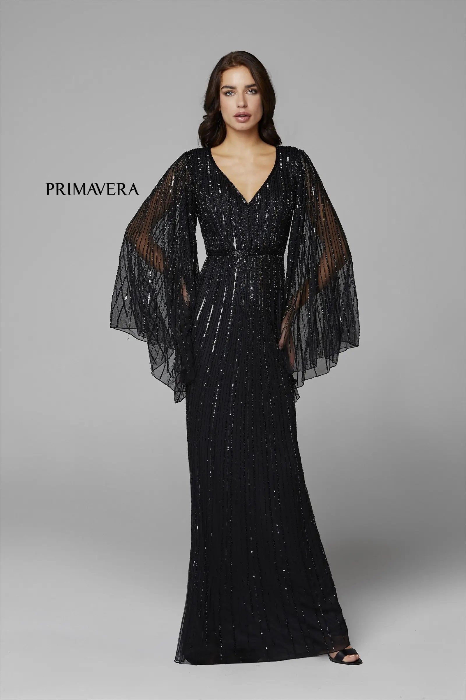 Sequined Long Bell Sleeve Sheath Dress By Primavera Couture -3672