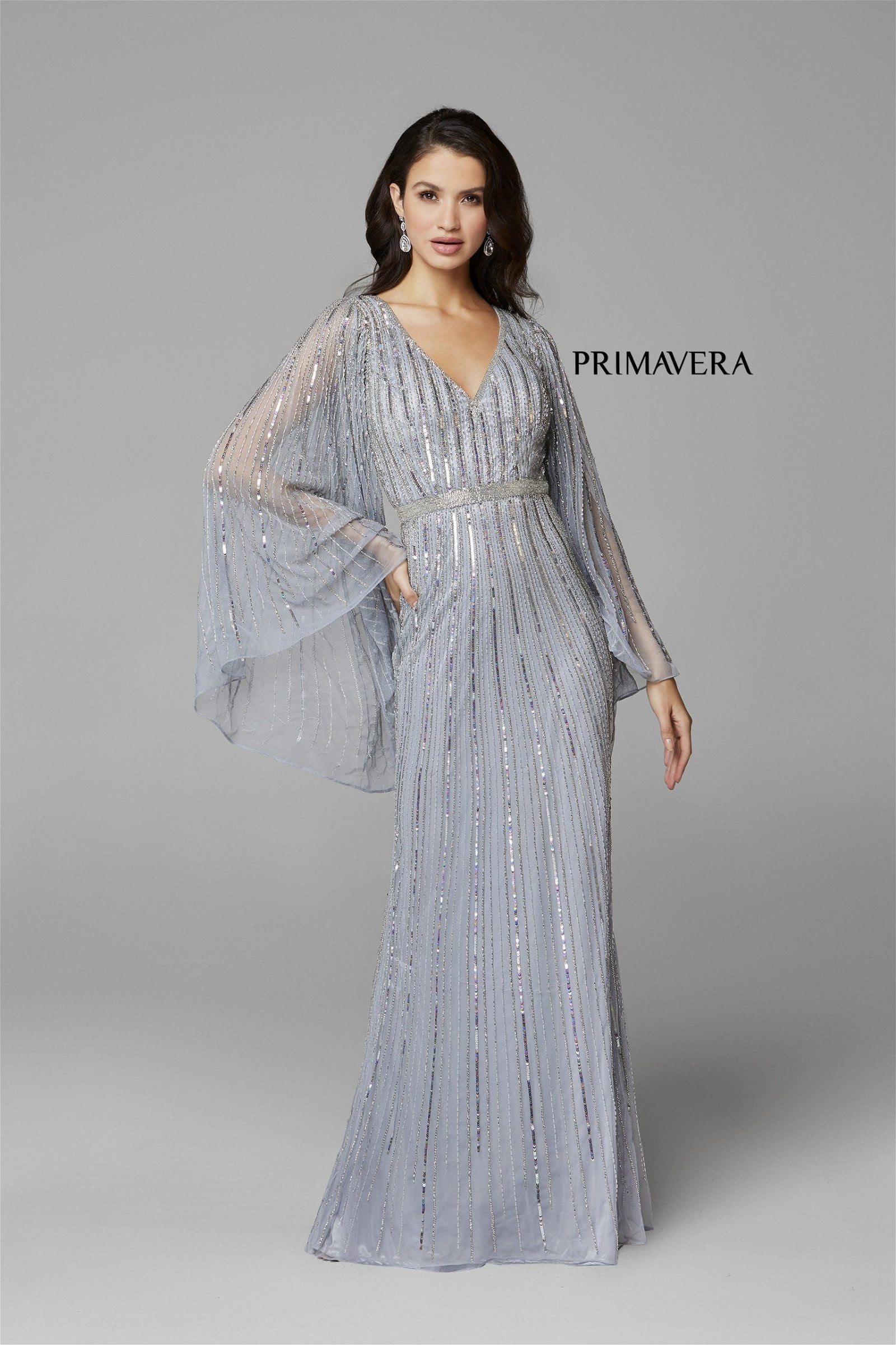 Sequined Long Bell Sleeve Sheath Dress By Primavera Couture -3672