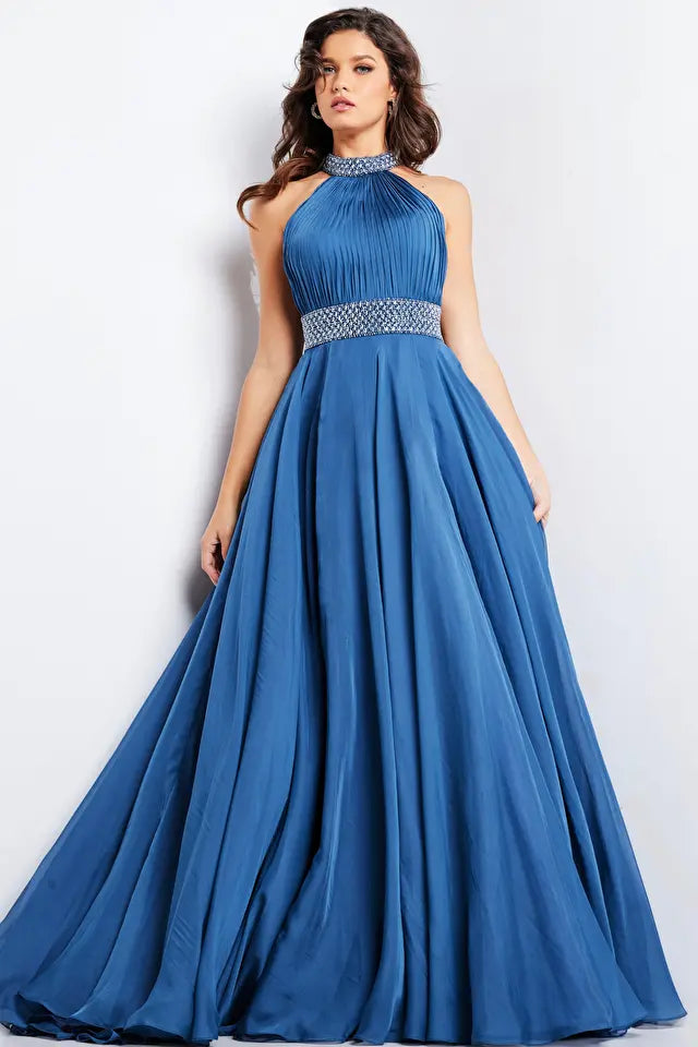 Jovani -36749 Halter Crystal Beaded Ruched Prom Gown