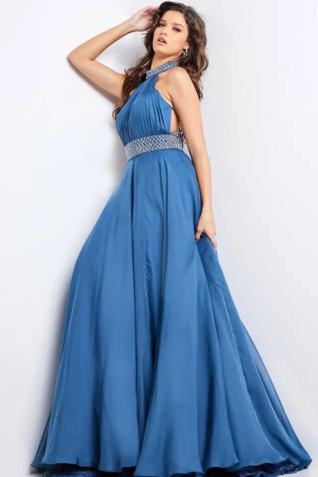 Jovani -36749 Halter Crystal Beaded Ruched Prom Gown