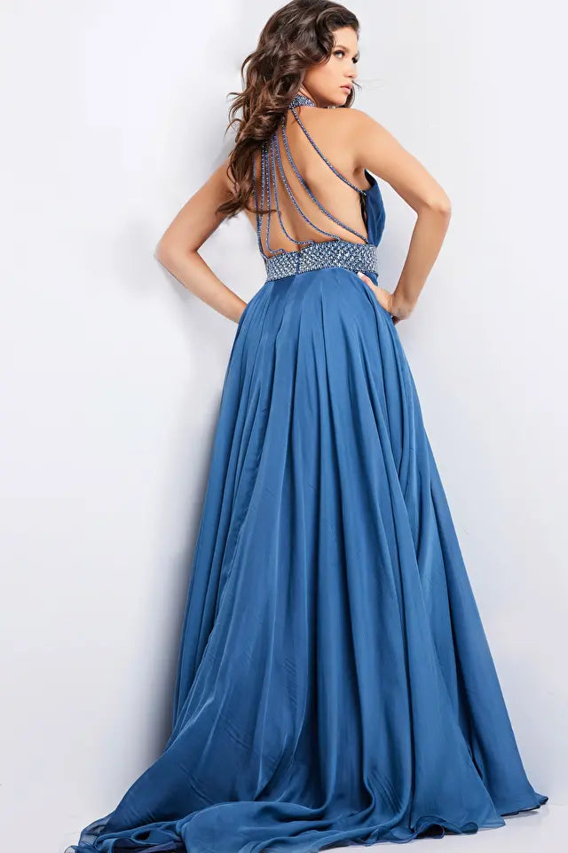 Jovani -36749 Halter Crystal Beaded Ruched Prom Gown