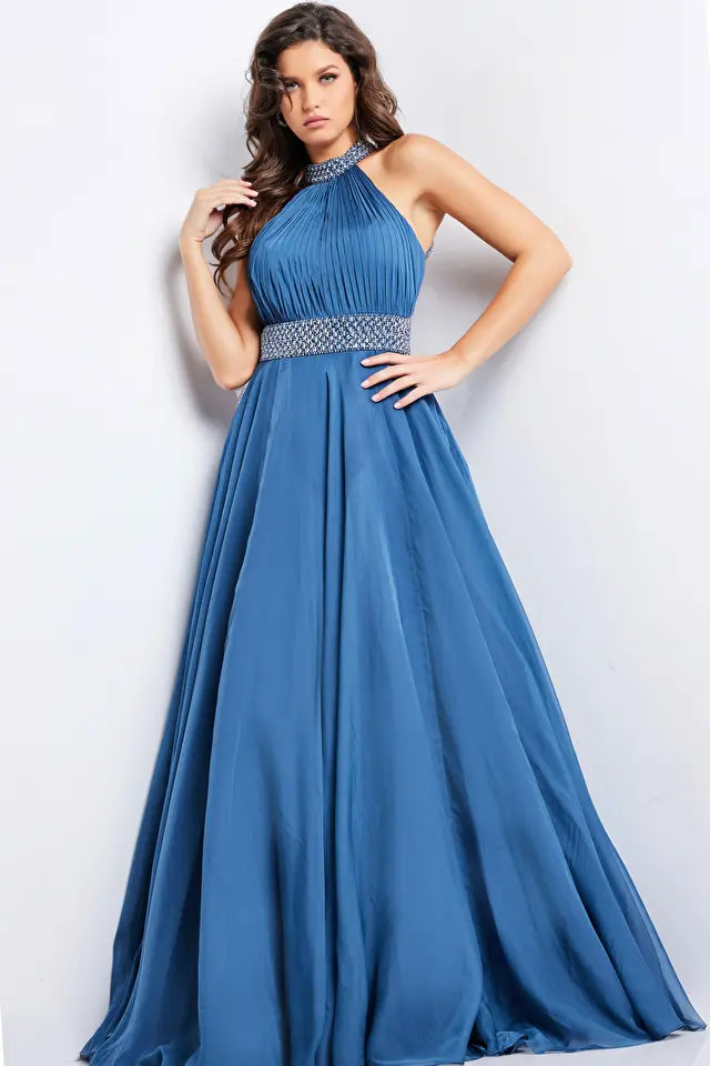 Jovani -36749 Halter Crystal Beaded Ruched Prom Gown
