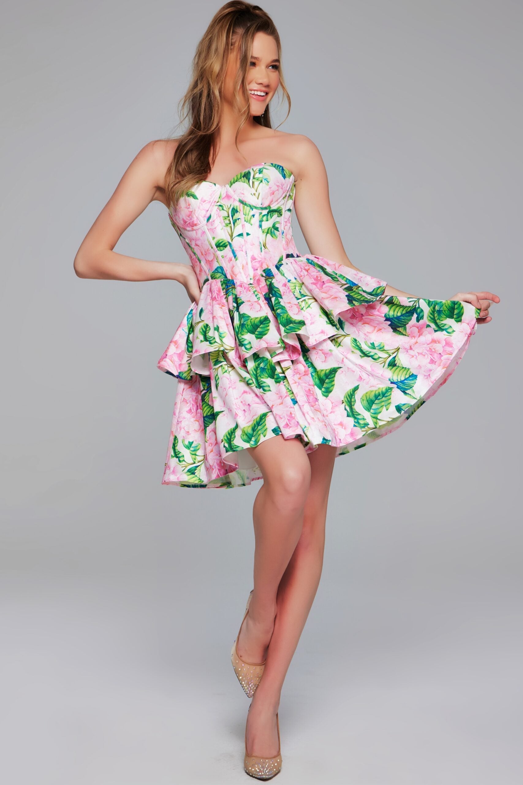 Jovani -37057 Floral Print Satin Strapless Prom Dress