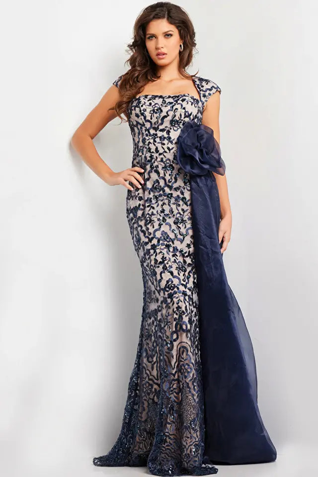 Jovani -37203 Embroidered Cap Sleeve Evening Dress