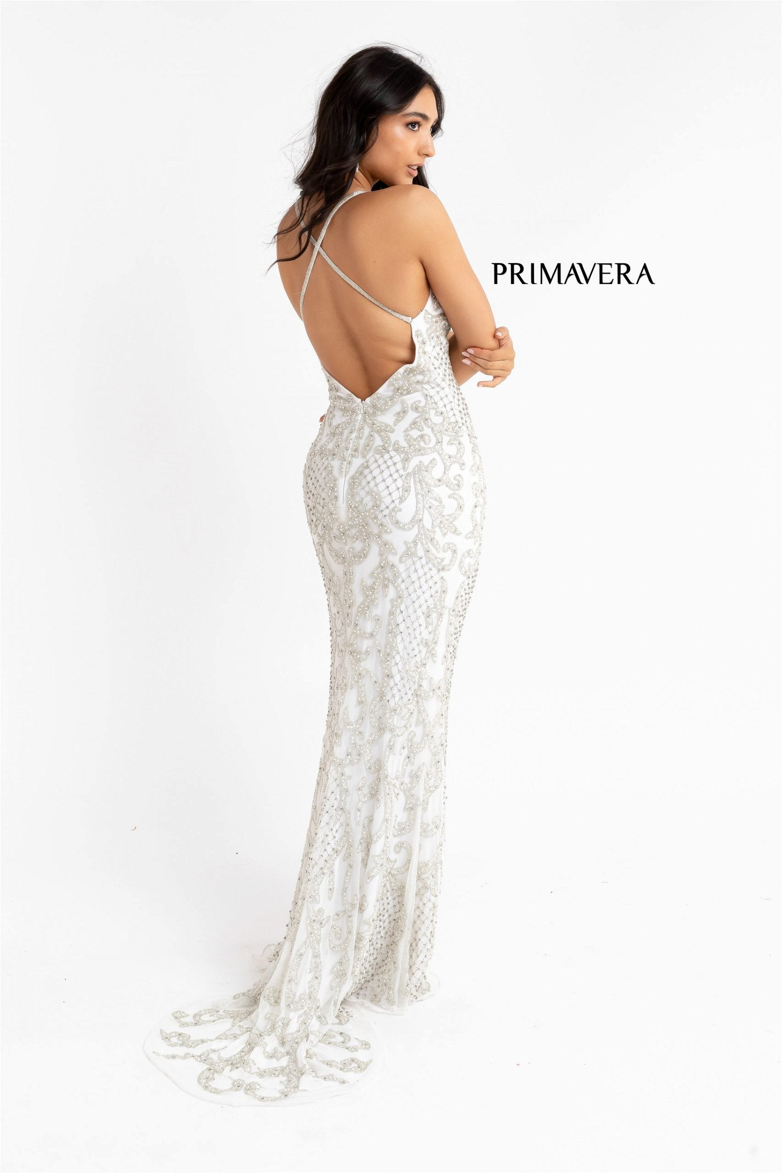 Beaded V-Neck With Slit Gown By Primavera Couture -3721