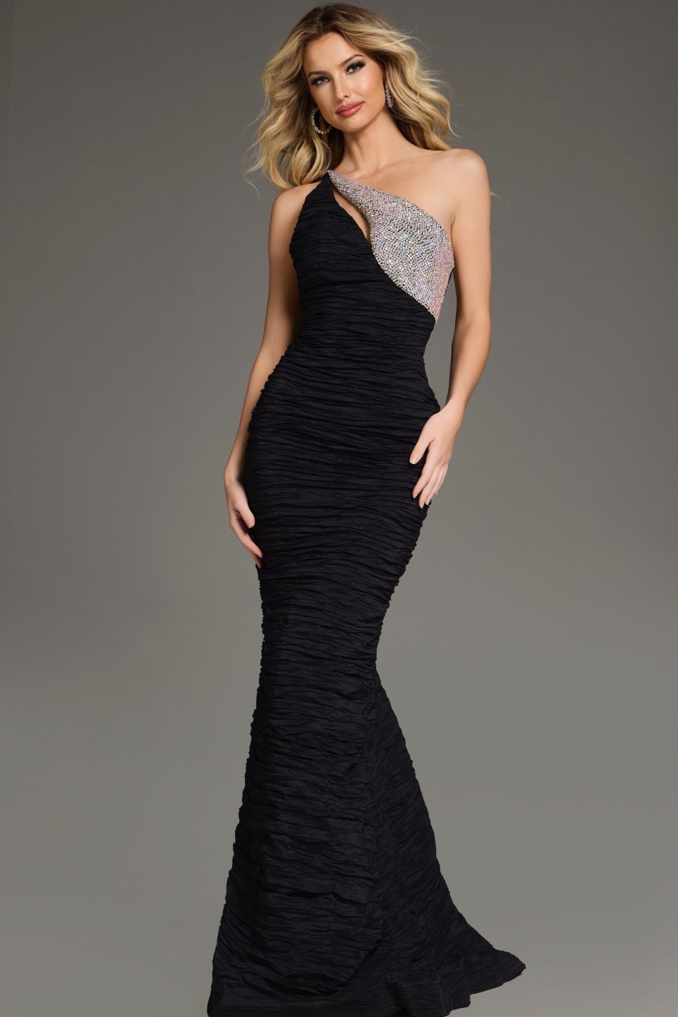 Jovani -37267 Ruched One Shoulder Embellished Sheath Dress