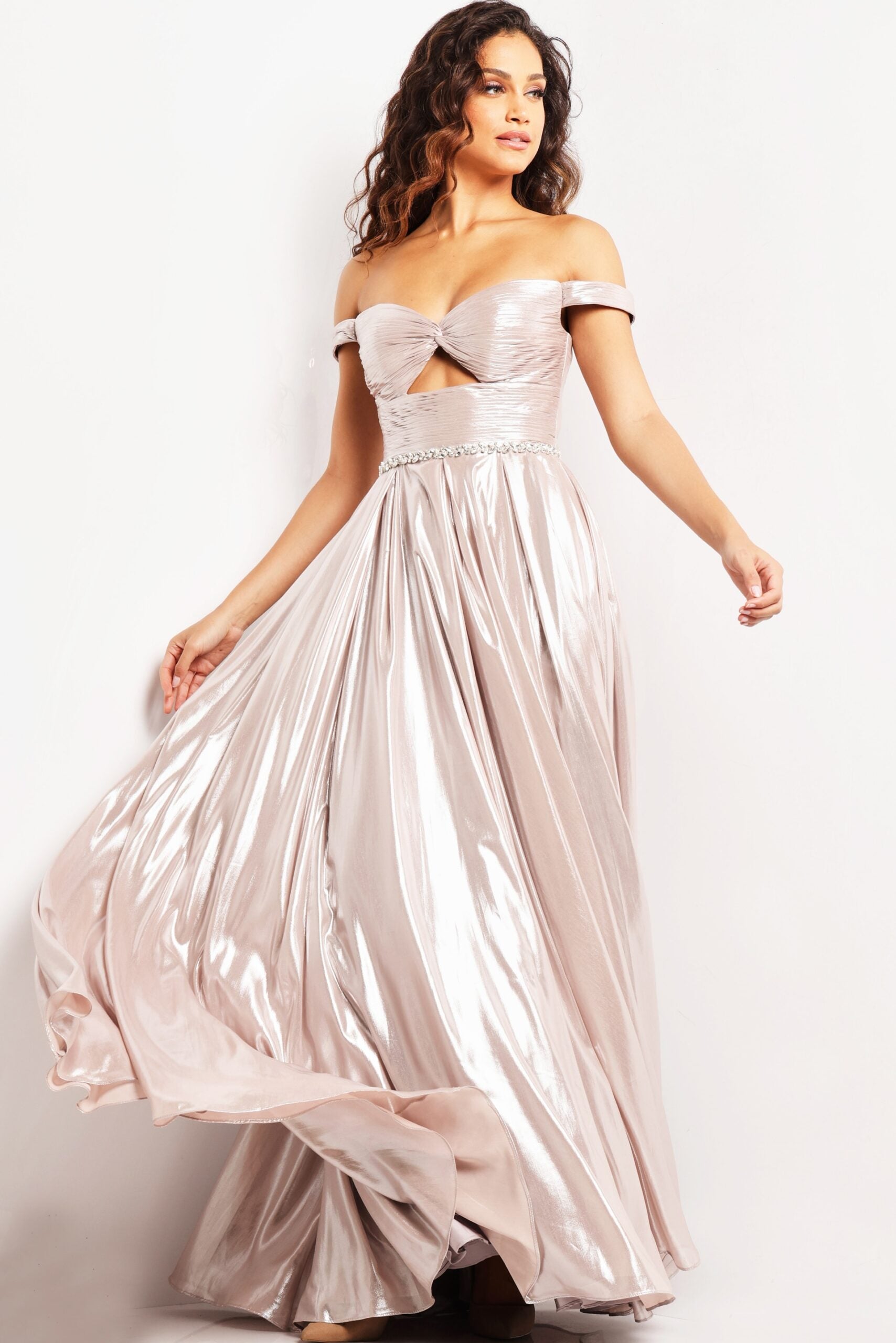 Jovani -37381 Off Shoulder Metallic Pleated A-Line Dress