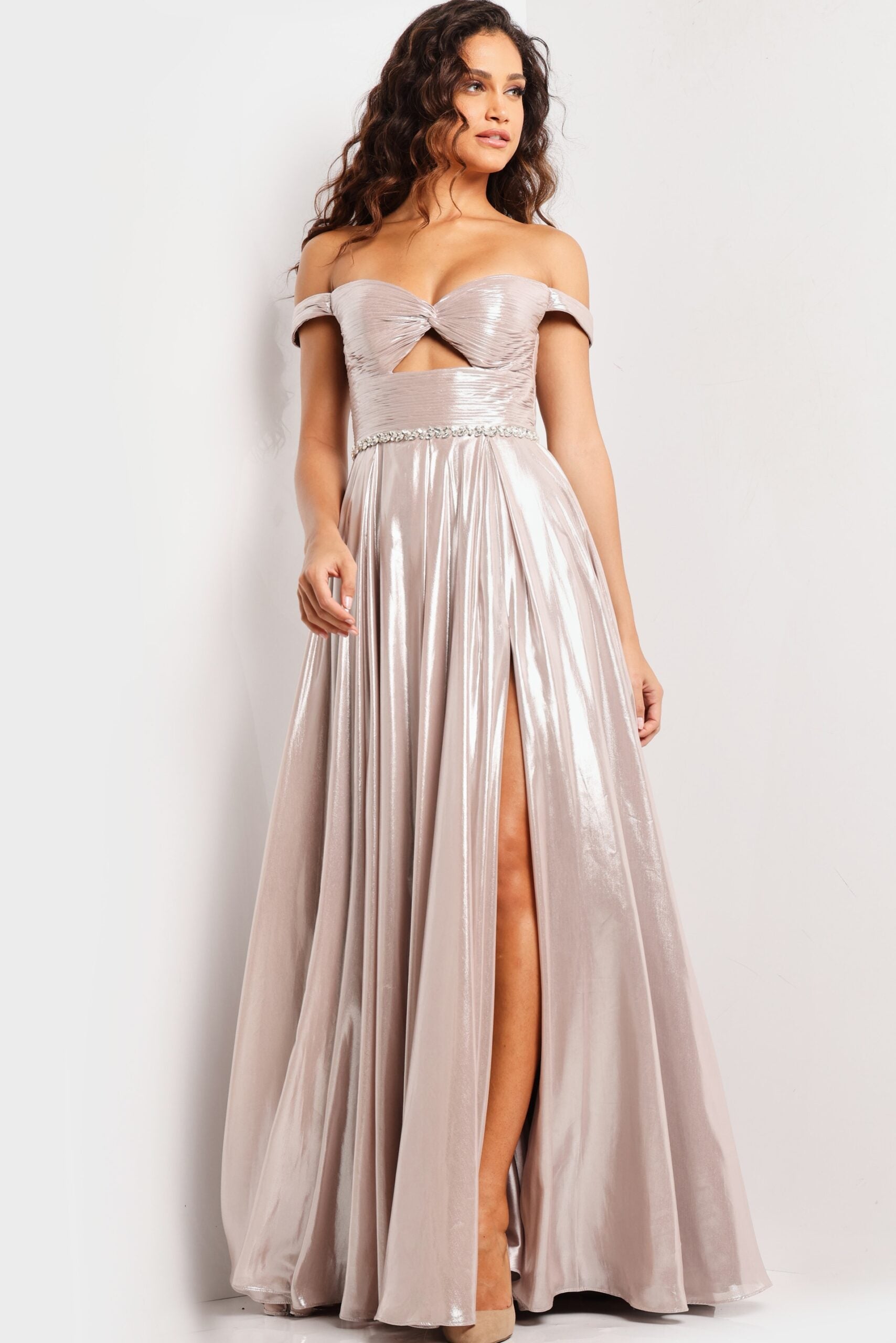 Jovani -37381 Off Shoulder Metallic Pleated A-Line Dress