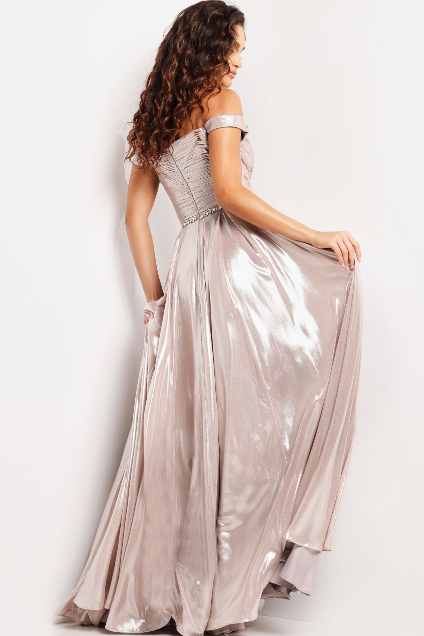 Jovani -37381 Off Shoulder Metallic Pleated A-Line Dress