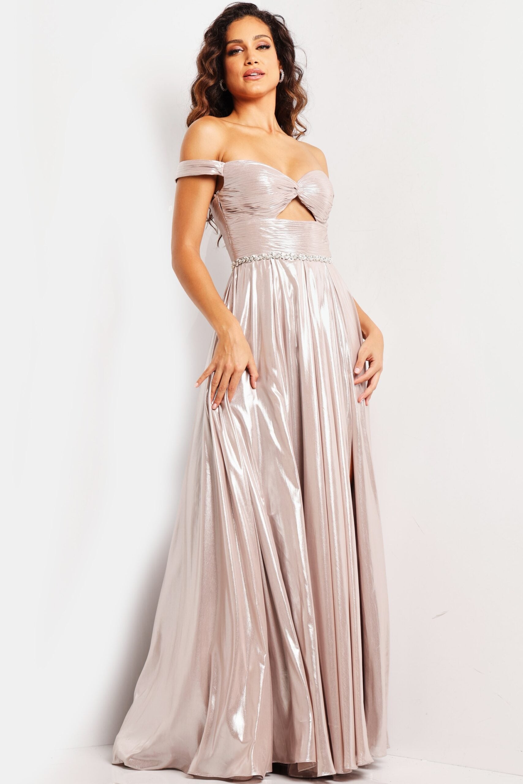 Jovani -37381 Off Shoulder Metallic Pleated A-Line Dress