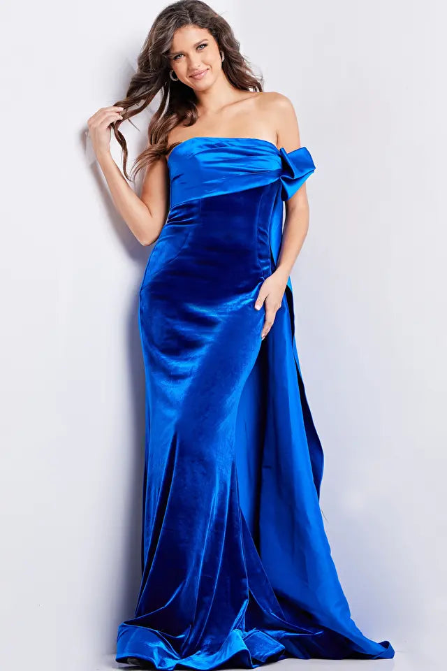 Jovani -37390 Off Shoulder Pleated Velvet Sheath Dress