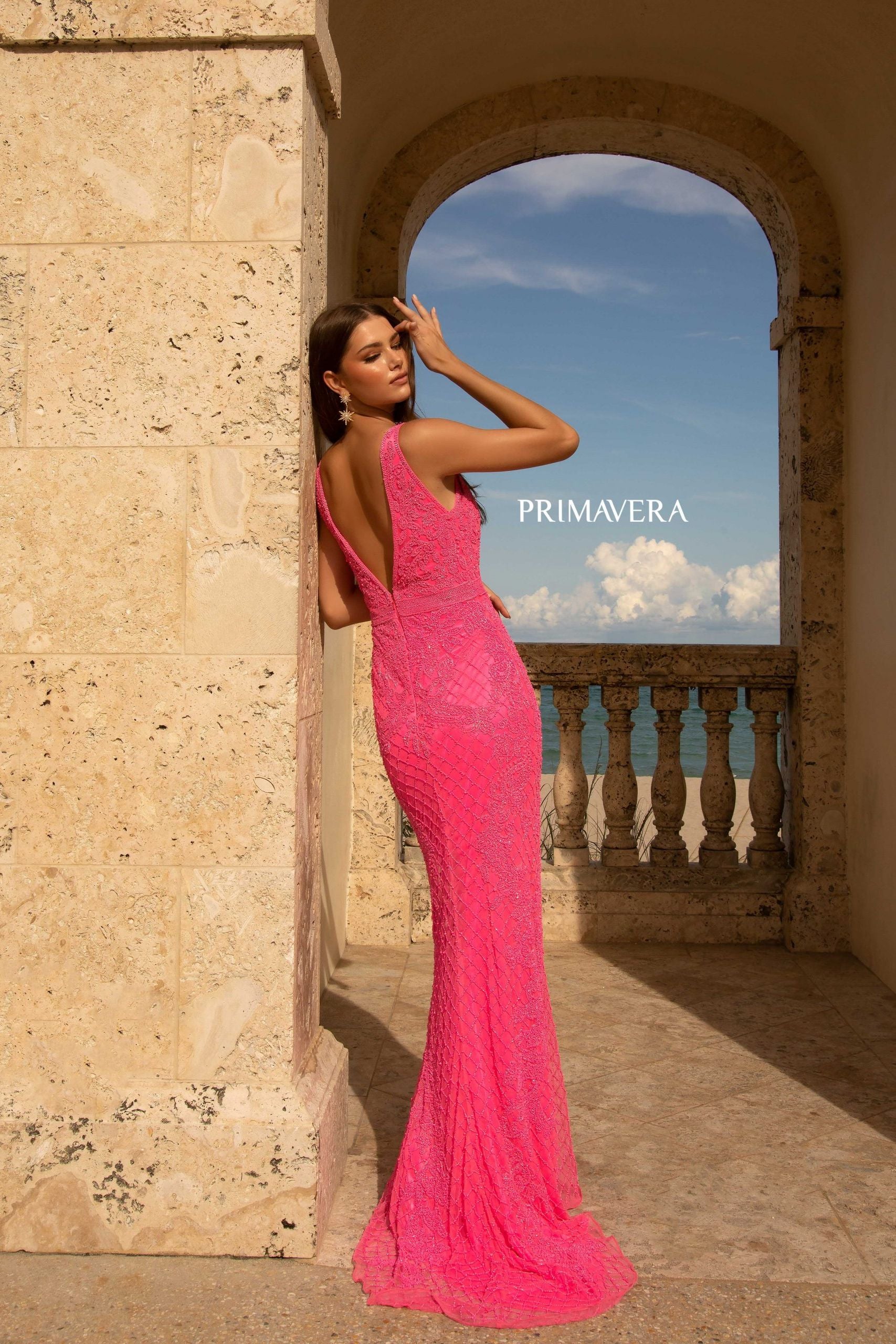 V-Neck Beaded Lace Long Gown By Primavera Couture -3741