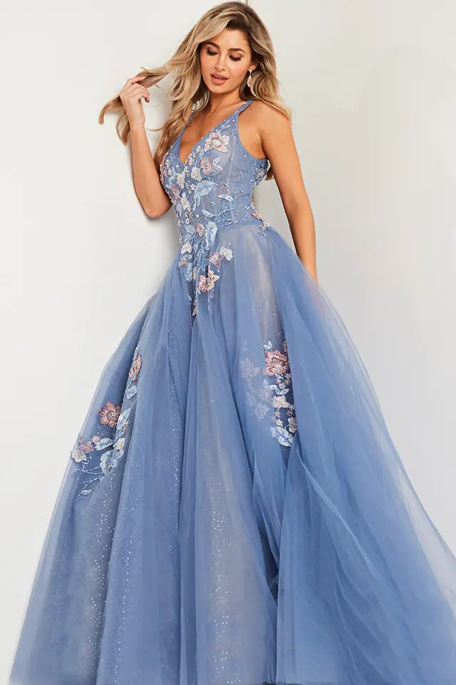 Jovani -37468 Floral Appliques V-Neck Ball Gown