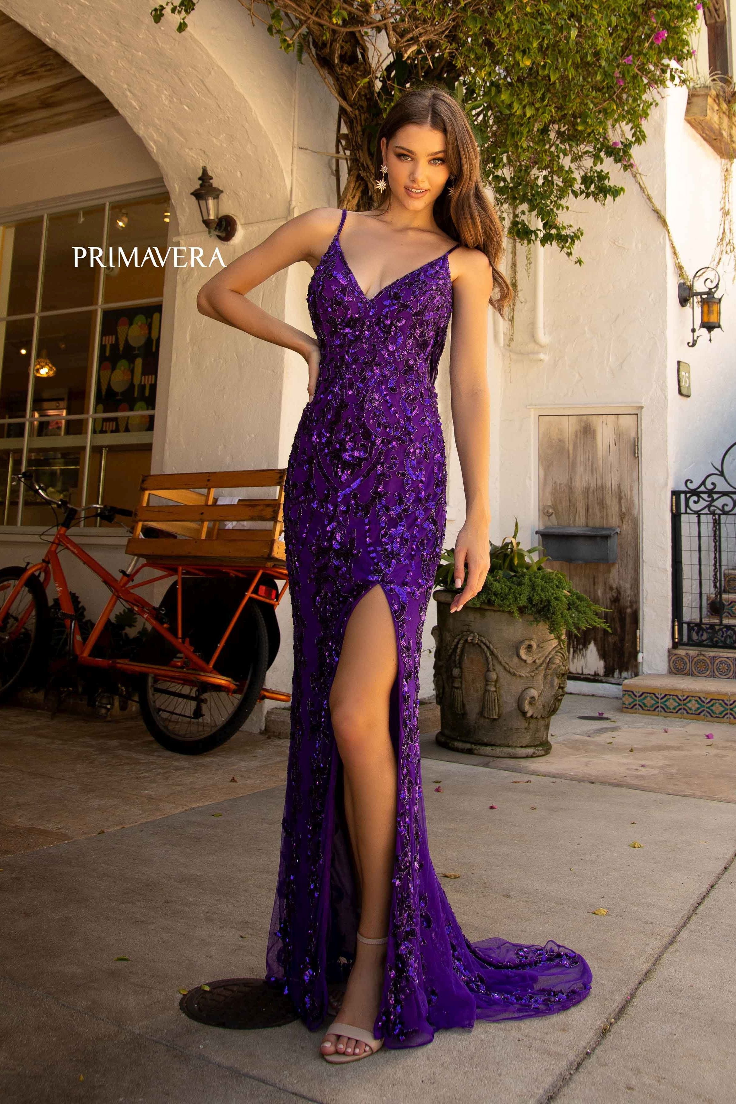Clearance Sale -Sequin V-Neck Open Back Gown By Primavera Couture -3749