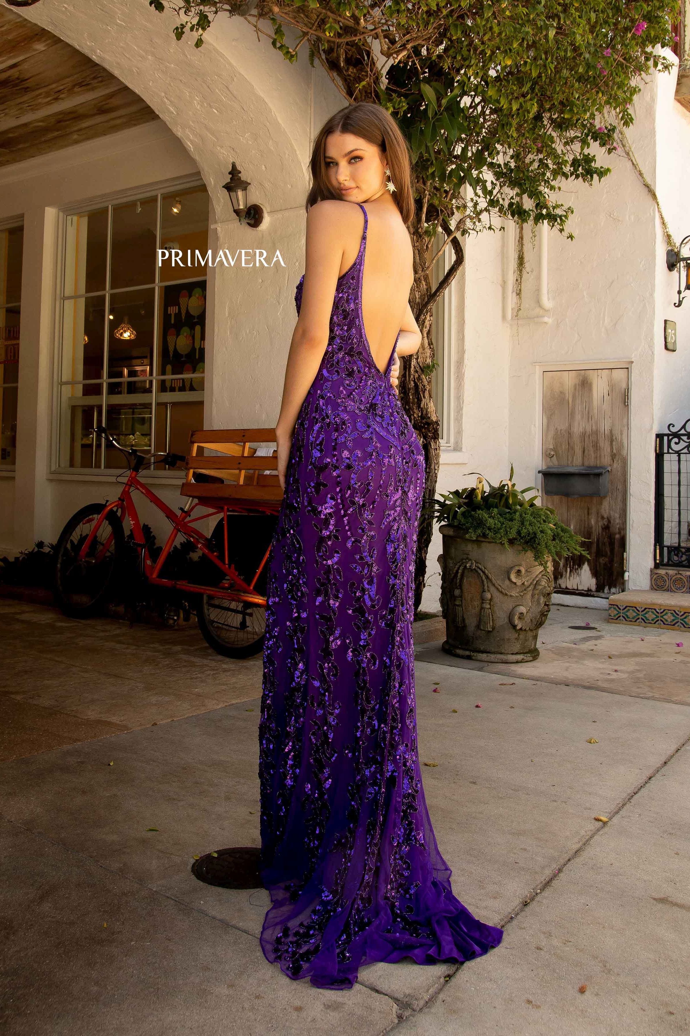 Clearance Sale -Sequin V-Neck Open Back Gown By Primavera Couture -3749