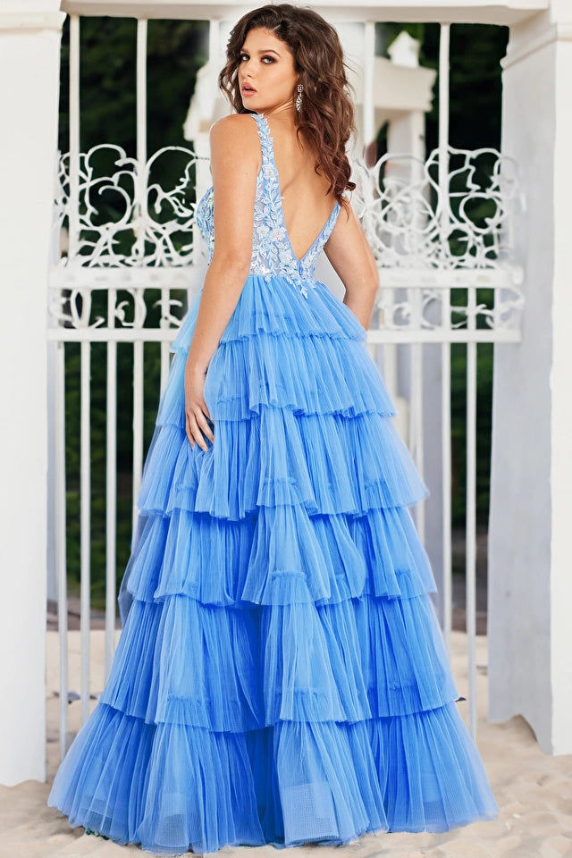 Jovani -37632 V-Neck Embroidered Layered Ball Gown
