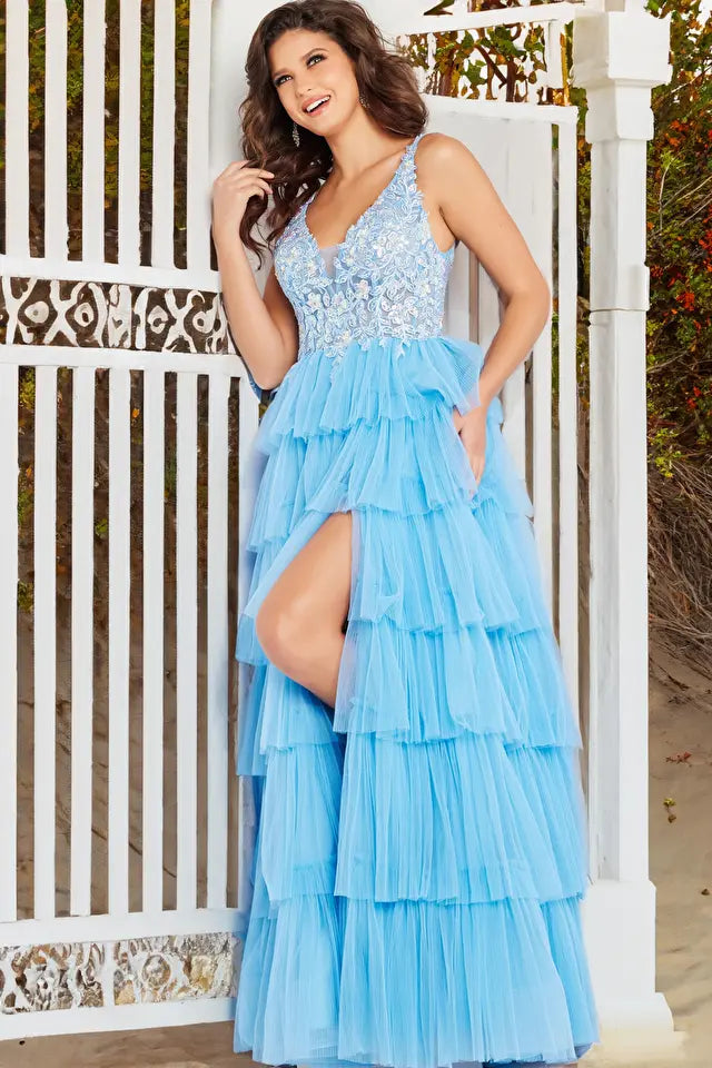 Jovani -37632 V-Neck Embroidered Layered Ball Gown
