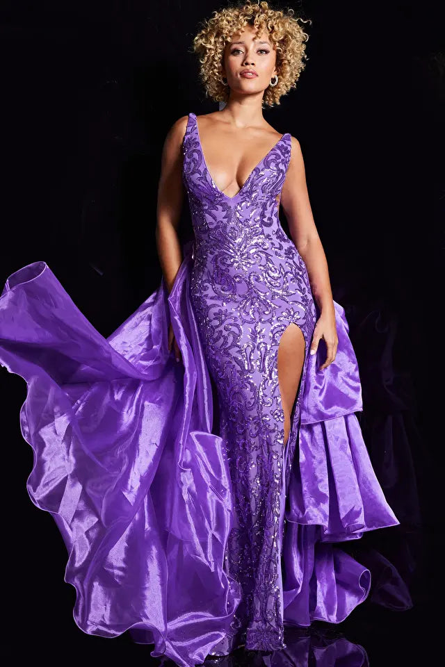 Jovani -38336  Embellished V-Neck Sheath OverSkirt Prom Dress