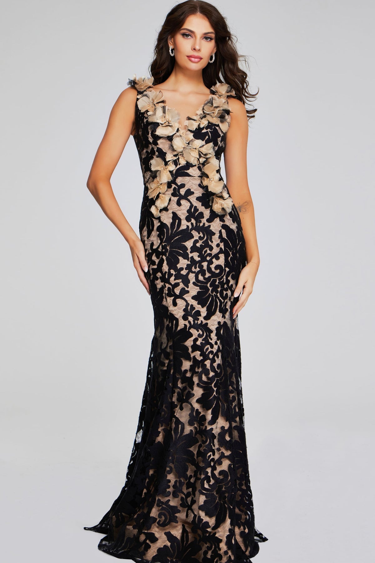Jovani -38497B Floral Appliqued Sleeveless Evening Gown