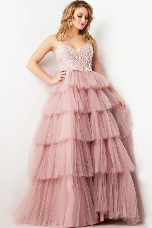 Jovani -38577 Embroidered Bodice Layered Prom Ball Gown