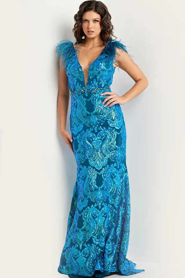 Jovani -38758 Sequin Embellished V-Neck Fitted Prom Dress