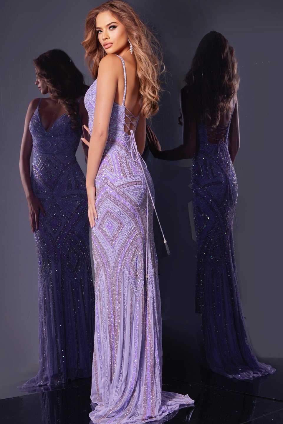 Jovani -38848 V-Neck Sequin Embellished Sheath Dress