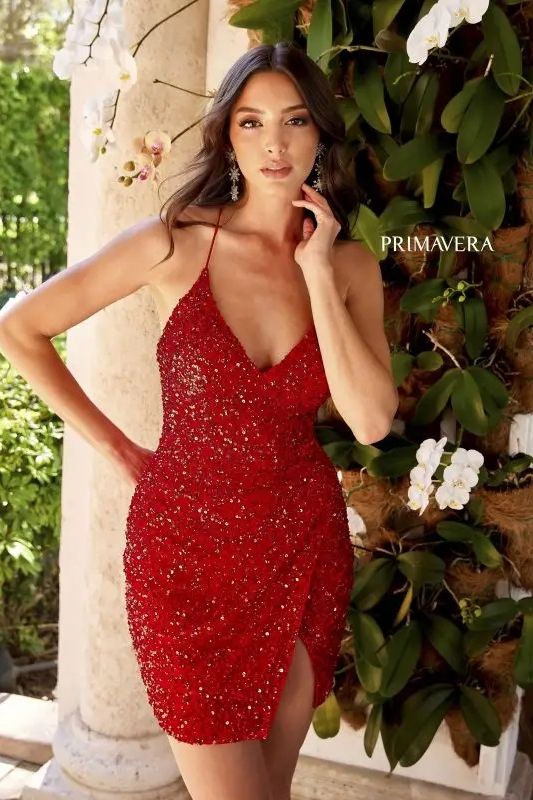 Primavera Couture -3896 V-Neck Sequin Short Cocktail Dress 02