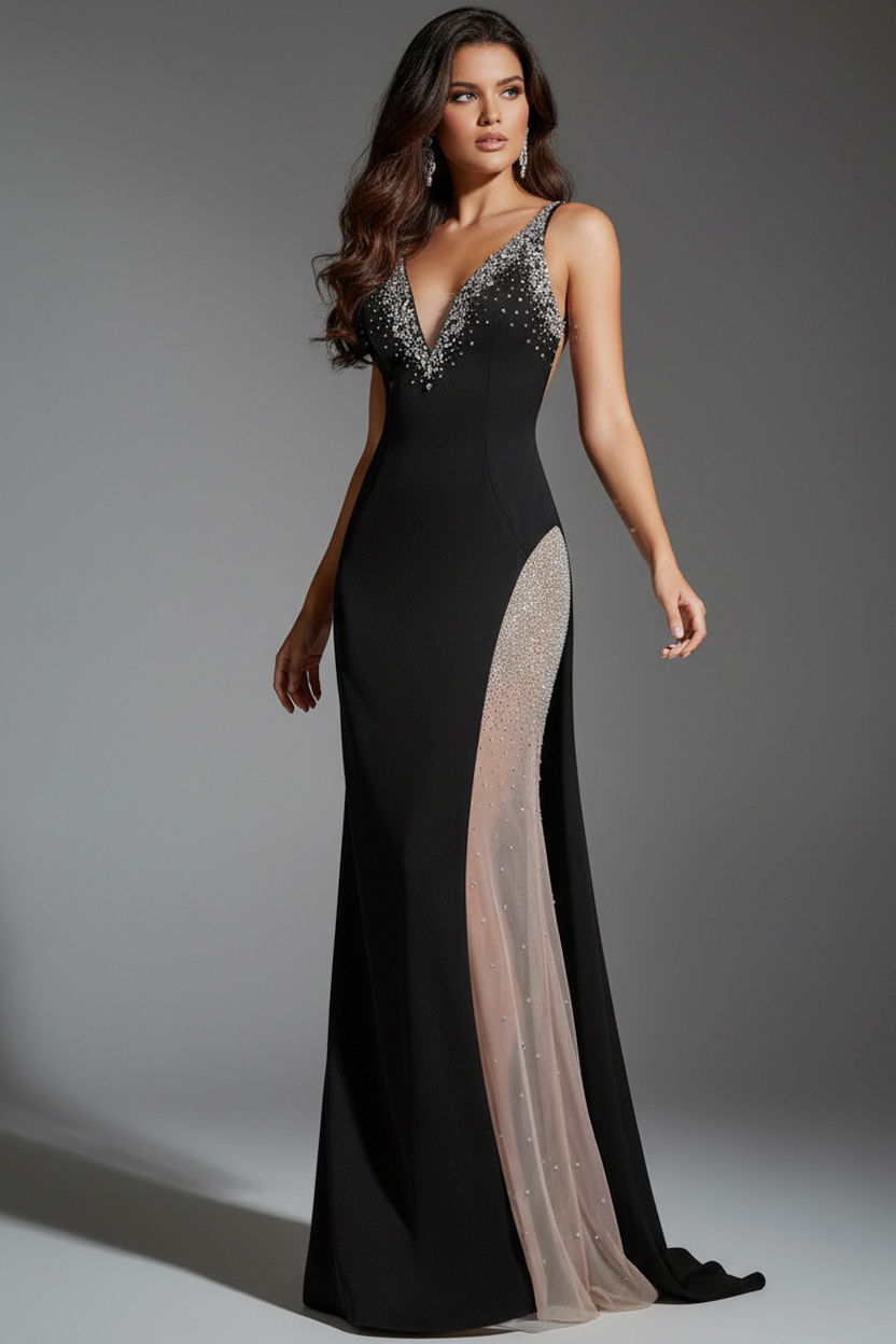 Jovani -38983 Beaded V-Neck Mermaid Prom Dress