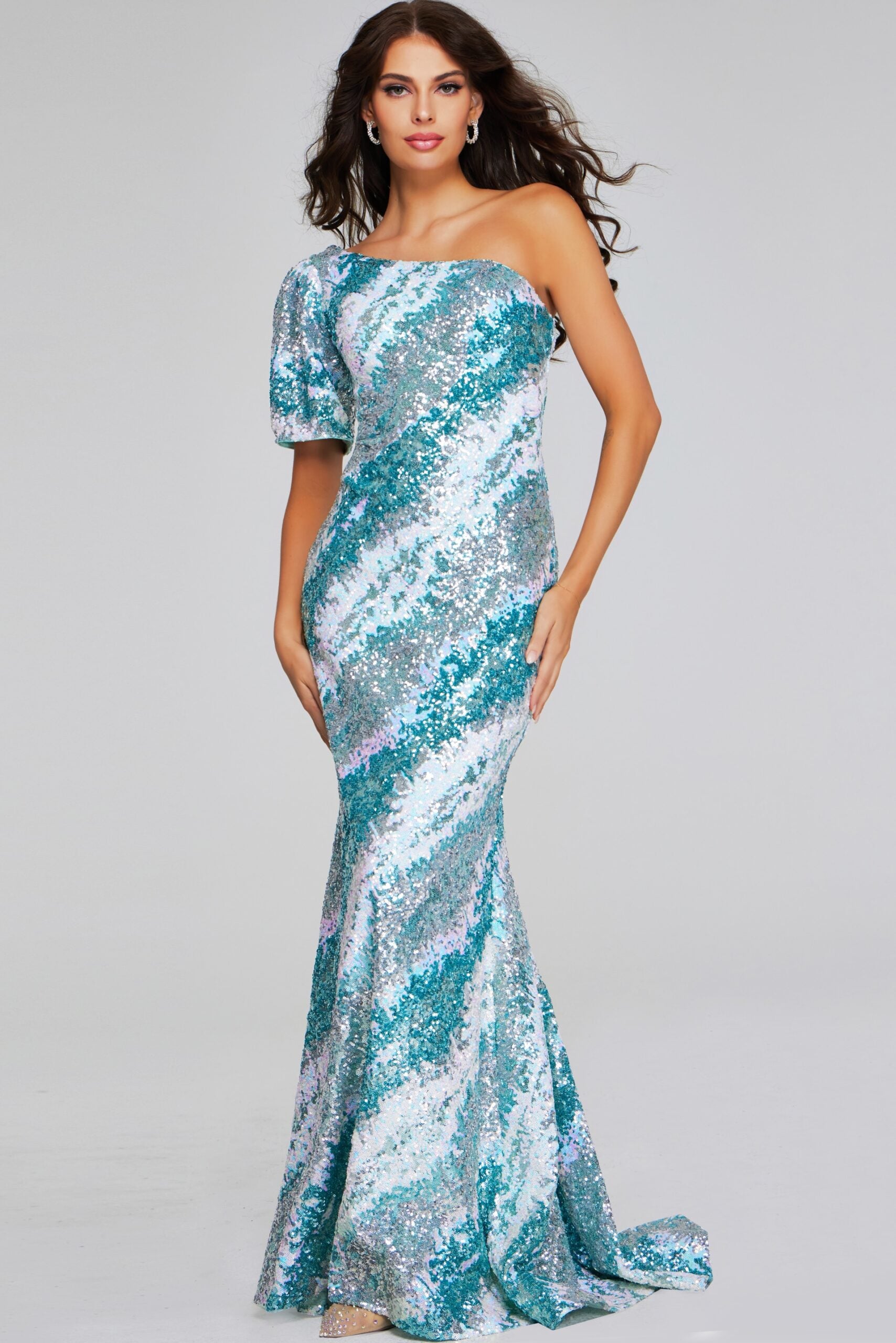 Jovani -39077 Glamorous One-Shoulder Green Sequin Gown