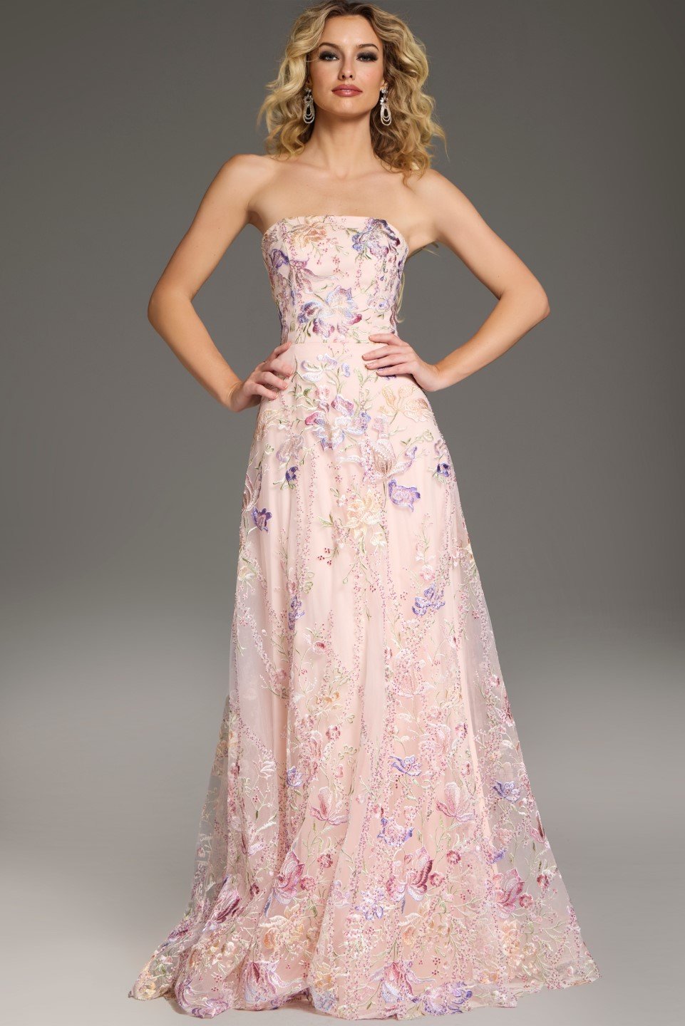 Jovani -39144 Strapless A-Line Gown with Floral Embroidery Evening Gown