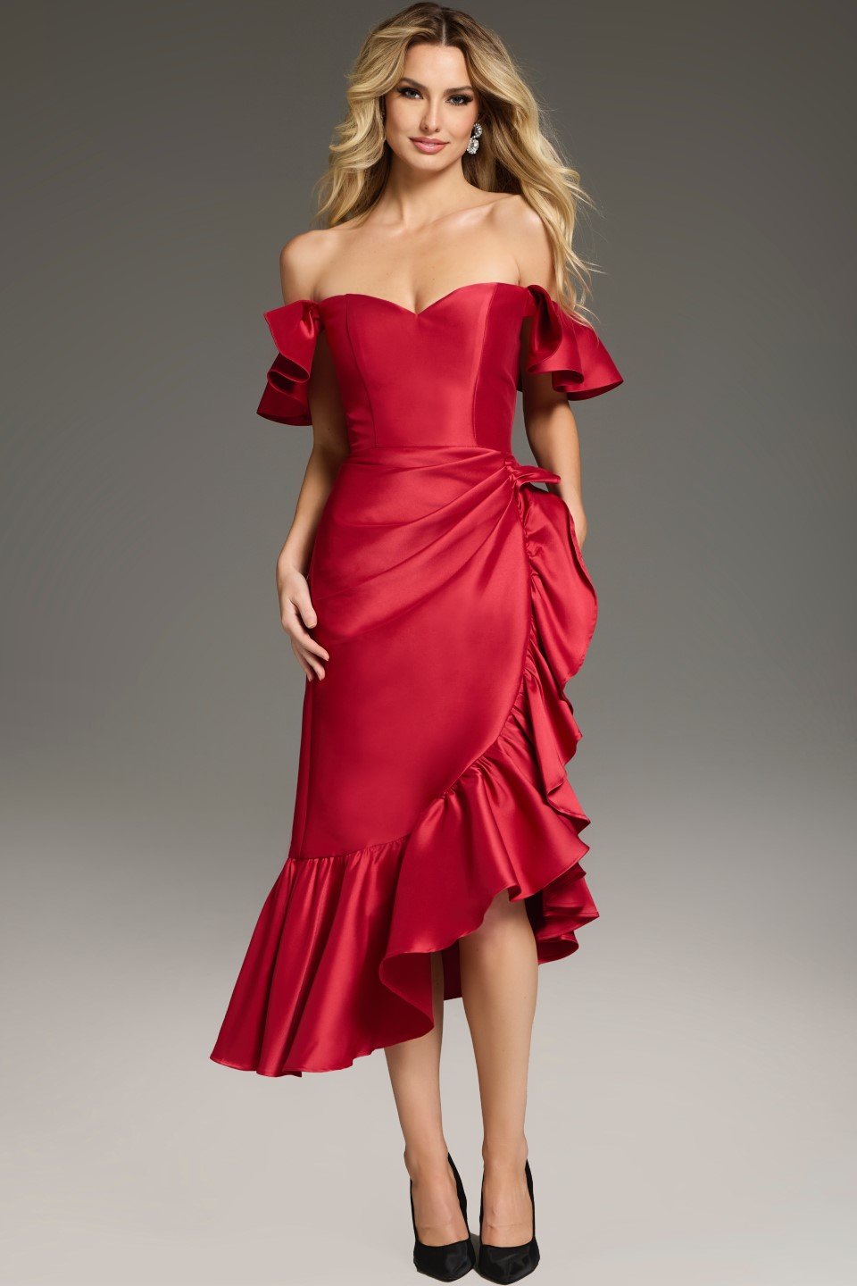 Jovani -39264 Off-the-Shoulder Ruffled High-Low Cocktail Dress