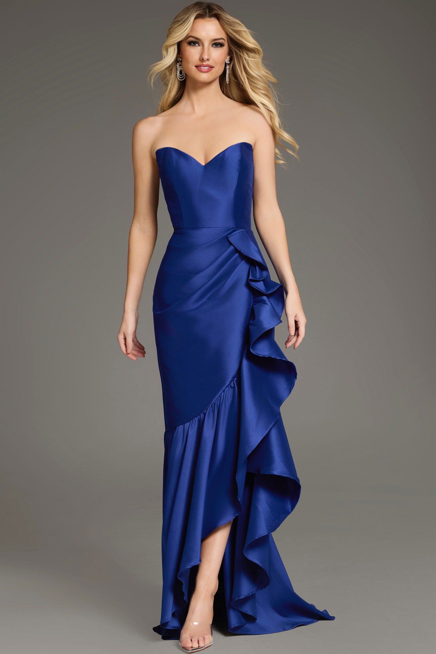 jovani asymmetrical dress Jovani 220550 - Long Sheath Dress - Lace, Asymmetric Neck, One-Shoulder Long Sleeves, Feathered Cuff, Sequins, Floor-Length 4 / White main image 1