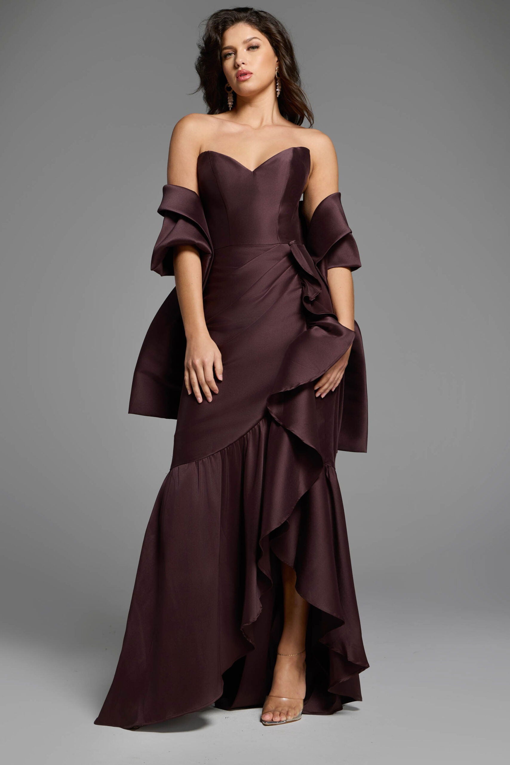 Jovani -39265 Asymmetrical Ruffle Strapless Gown With High Low Hem