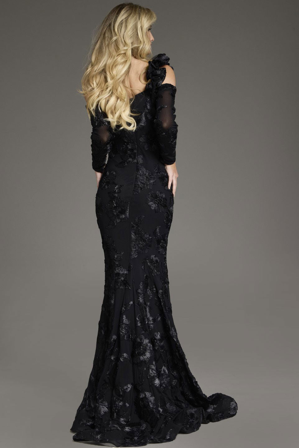 Jovani -39266B Long Sleeves Off-The-Shoulder Floral Lace Gown