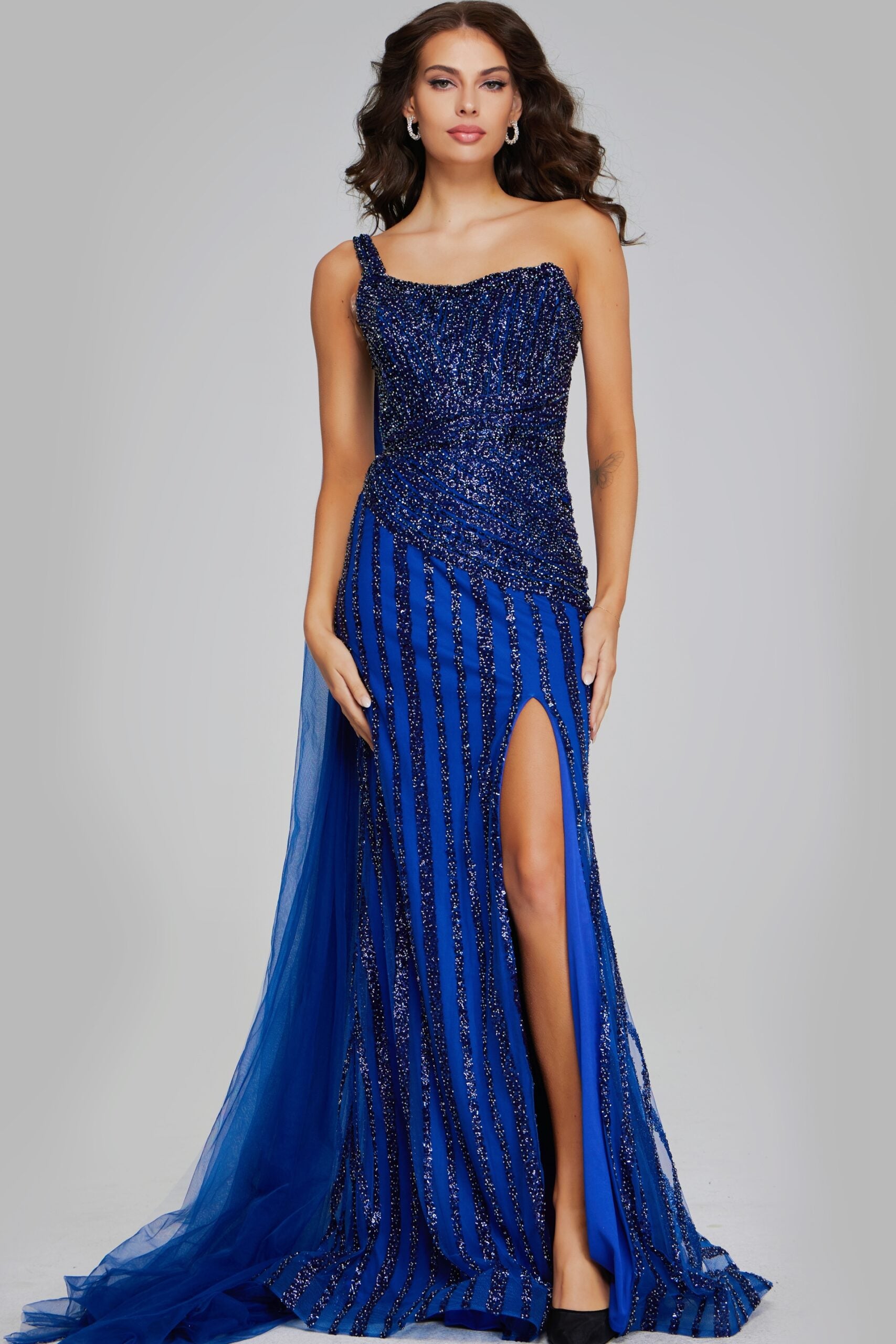 Jovani -39386 One-Shoulder Navy Gown with Beaded Details and Slit Evening Dress