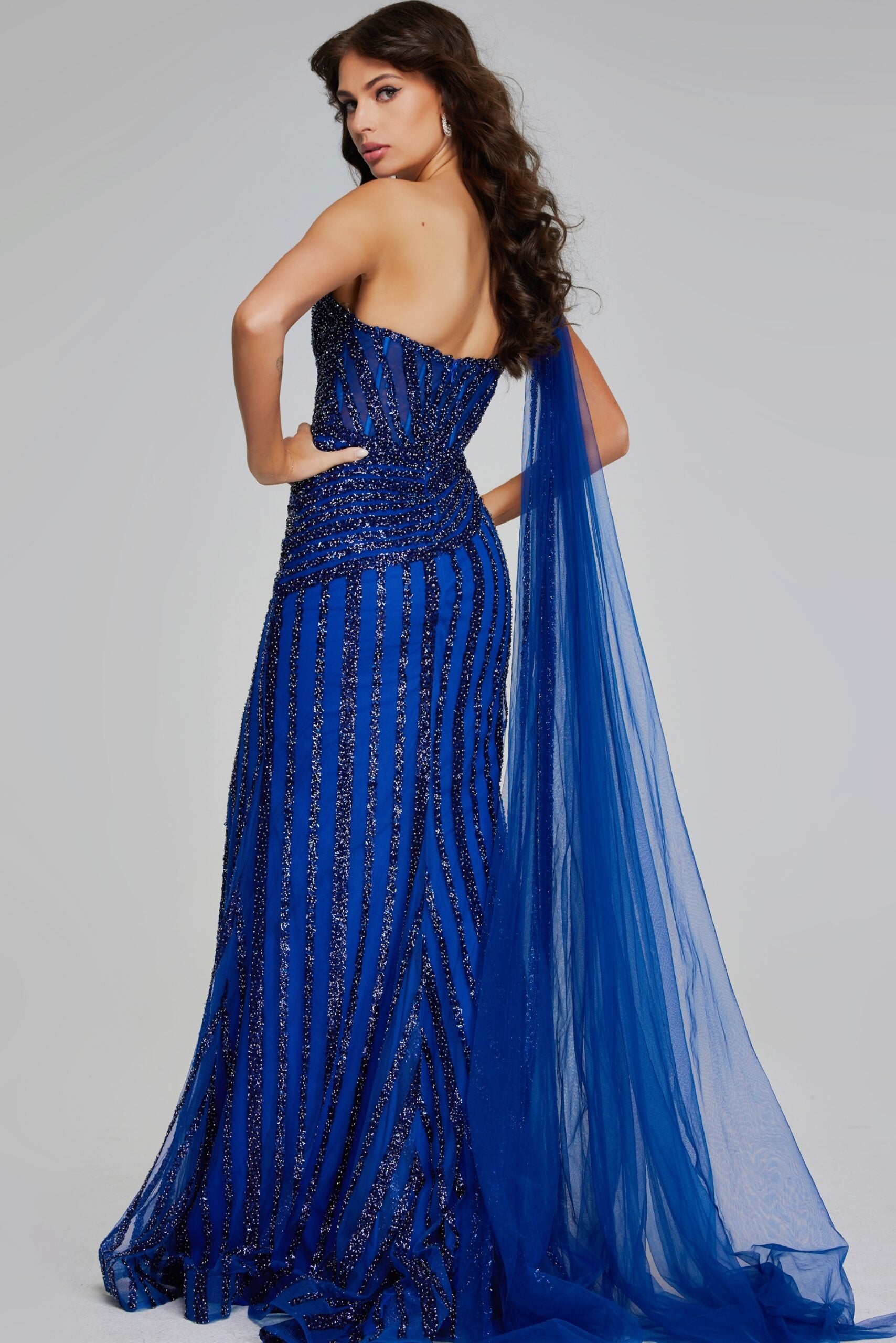 Jovani -39386 One-Shoulder Navy Gown with Beaded Details and Slit Evening Dress