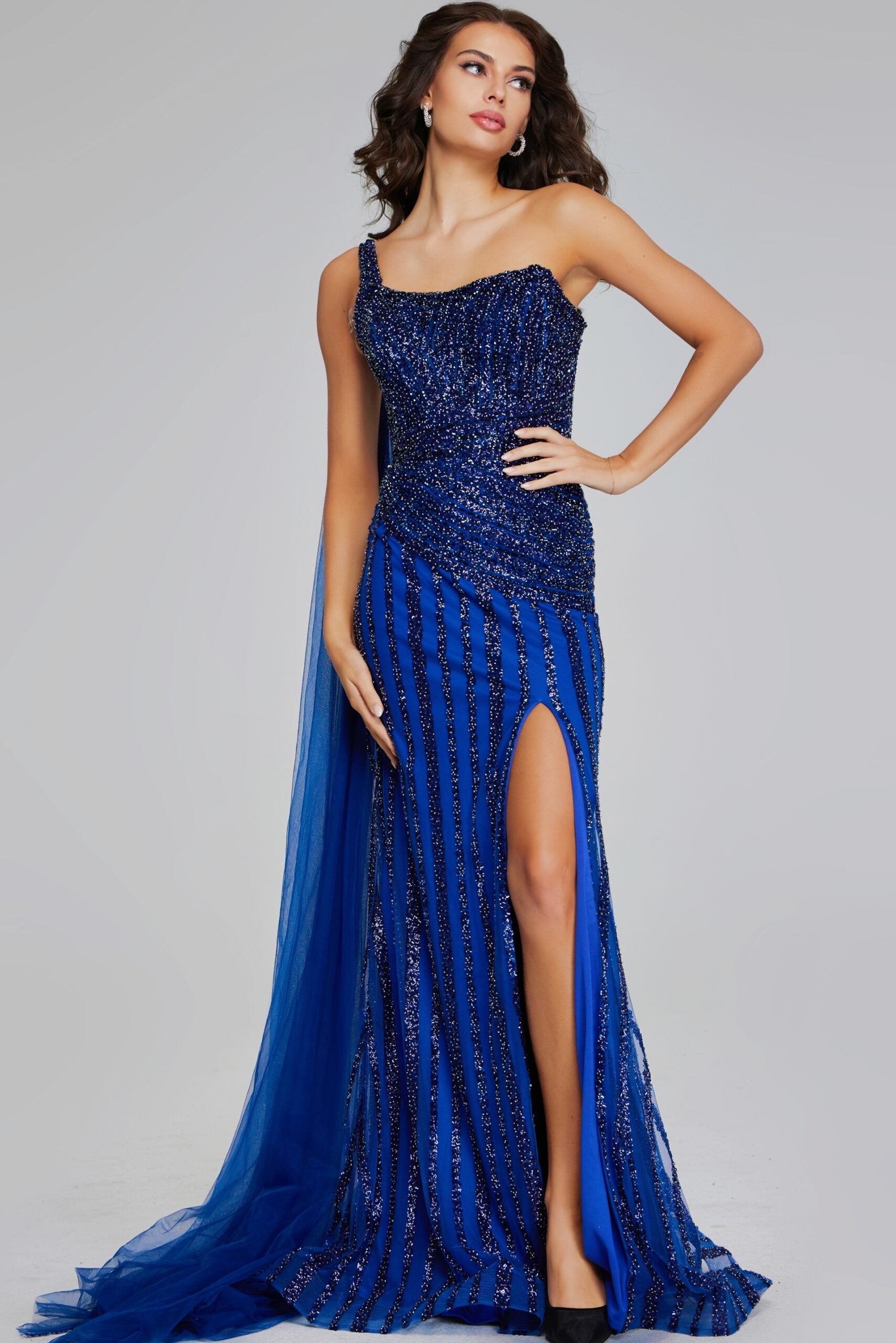 Jovani -39386 One-Shoulder Navy Gown with Beaded Details and Slit Evening Dress