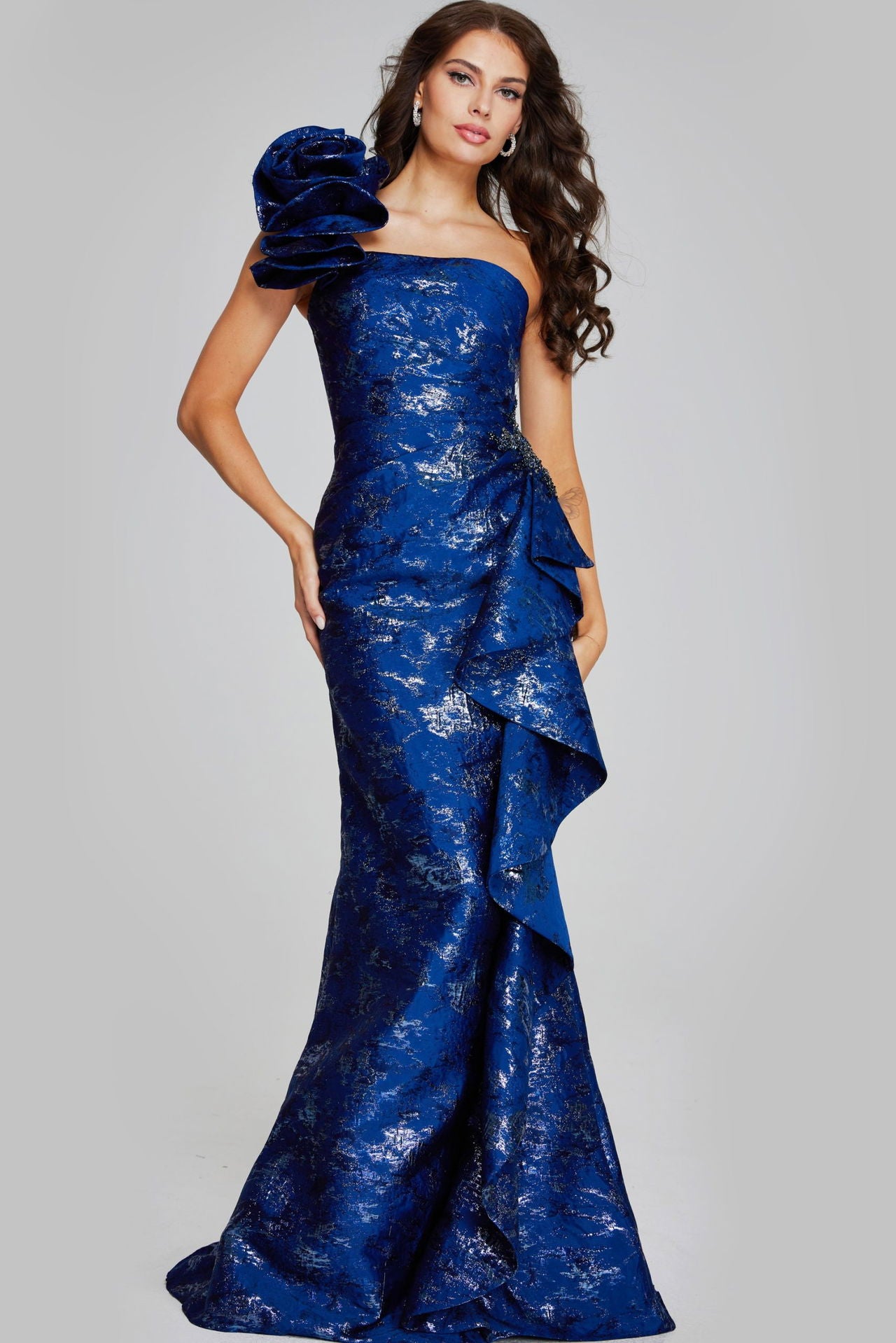 Jovani -39438 Stunning One-Shoulder Long Gown with Elegant Rose Detail