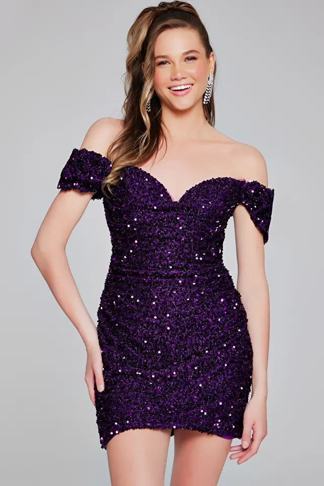 Jovani -39631 Off Shoulder Sequin Short Dress