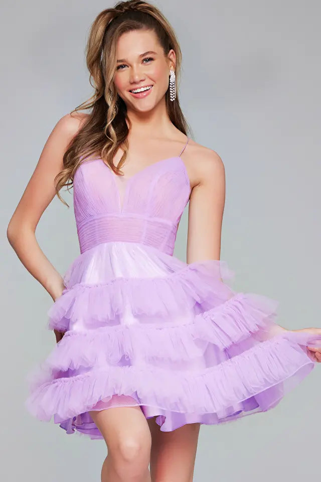 Jovani -39656 V-Neck Layered Tulle Short Dress