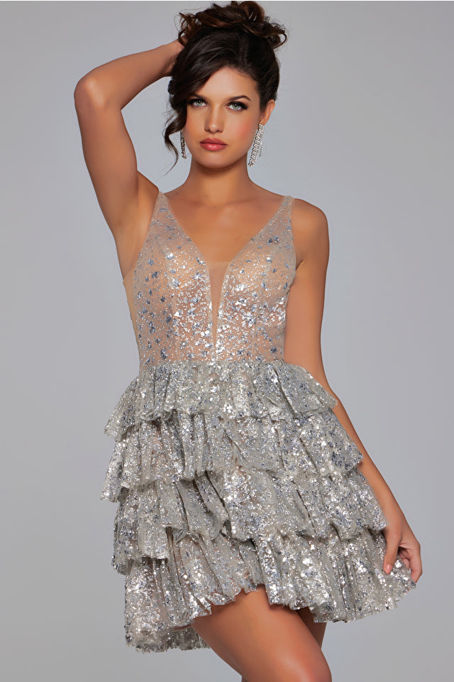 Jovani -39700 Plunging Layered A-Line Short Dress