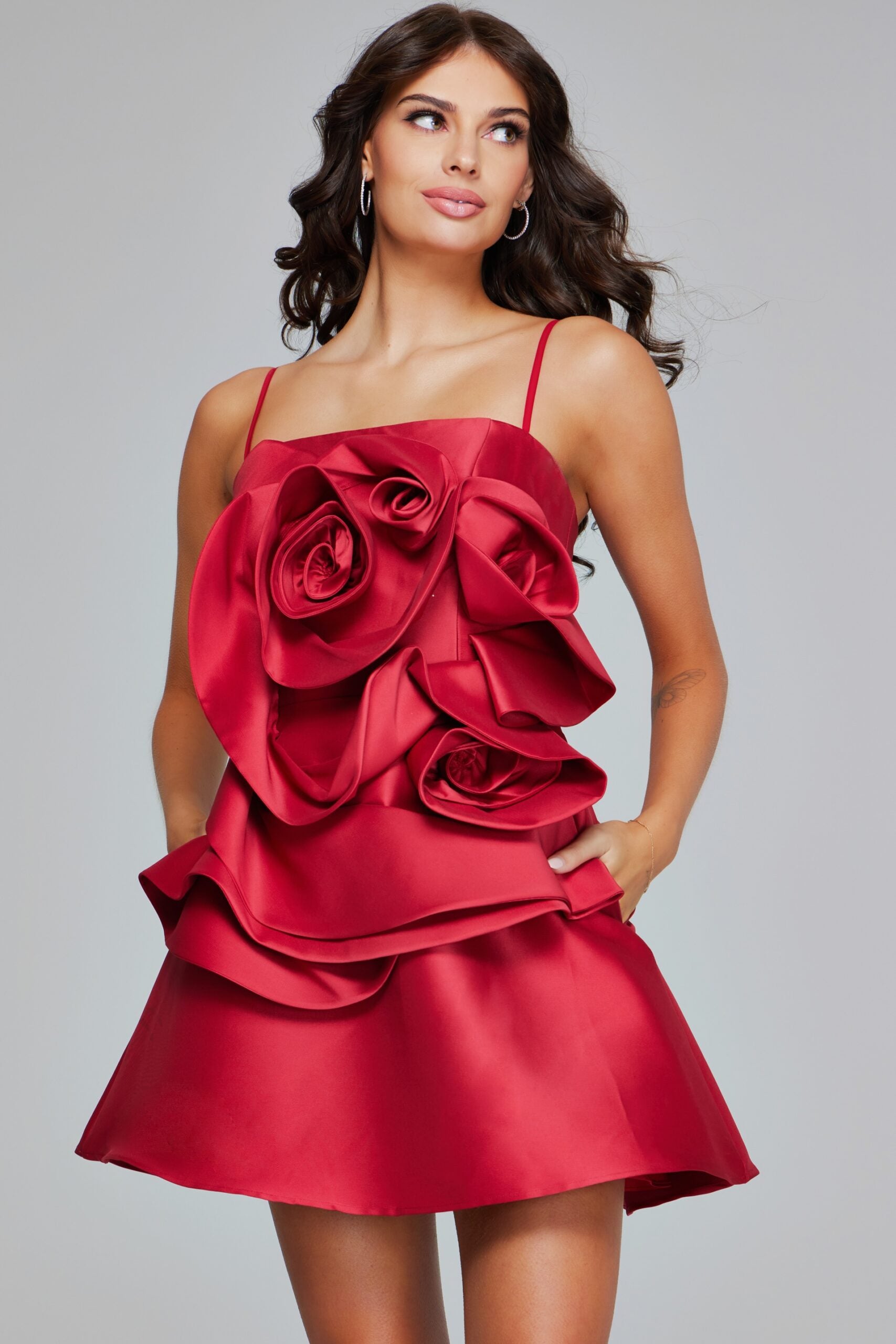 Jovani -39750 Ruffled Floral Satin Short Dress